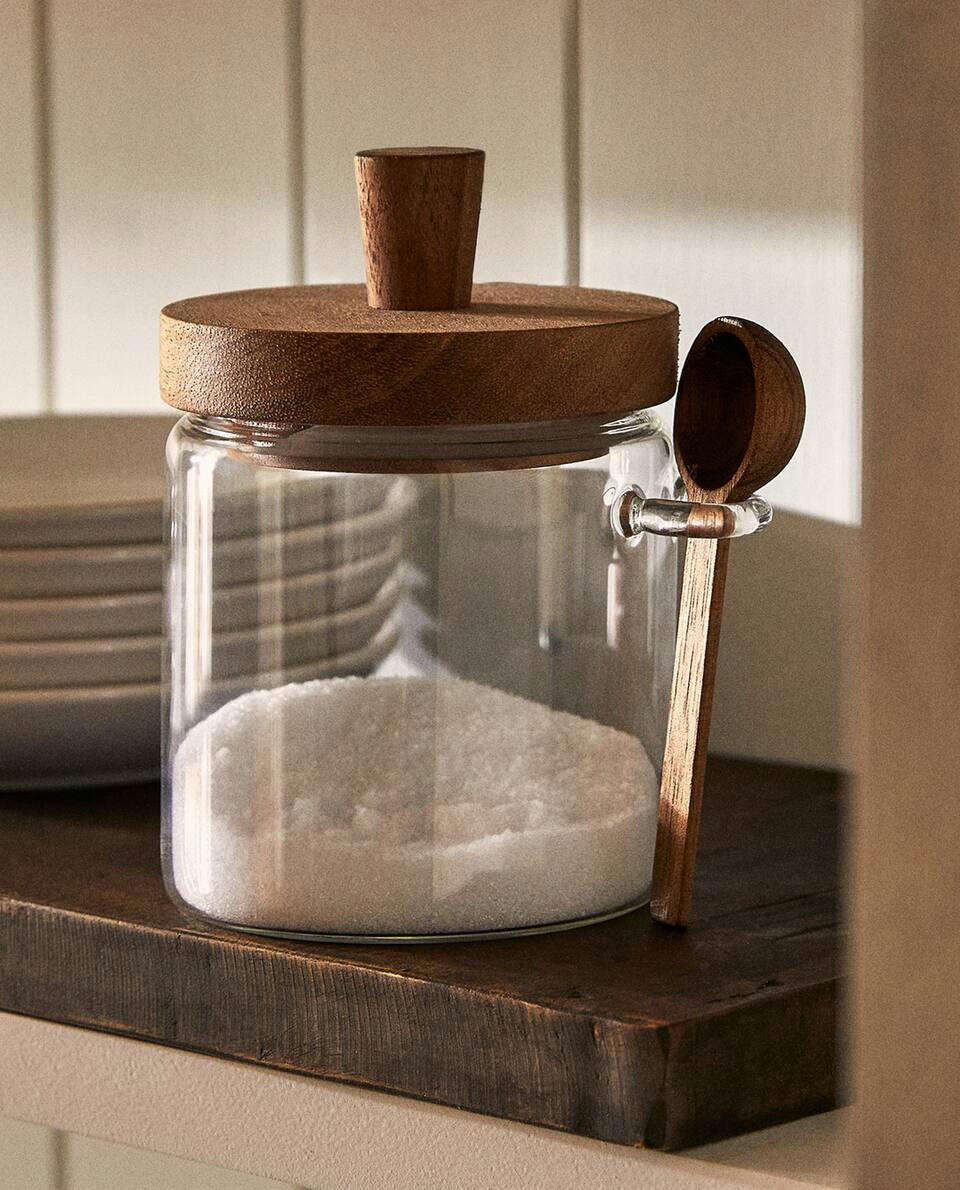 BOROSILICATE GLASS AND WOODEN SUGAR BOWL - zraahomeo